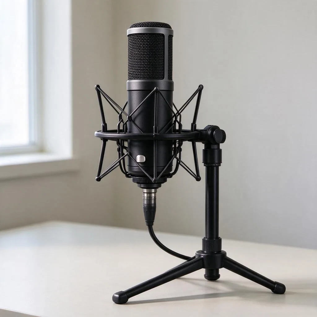 Ilustración de un micrófono de condensador de estudio sobre un soporte en un escritorio claro