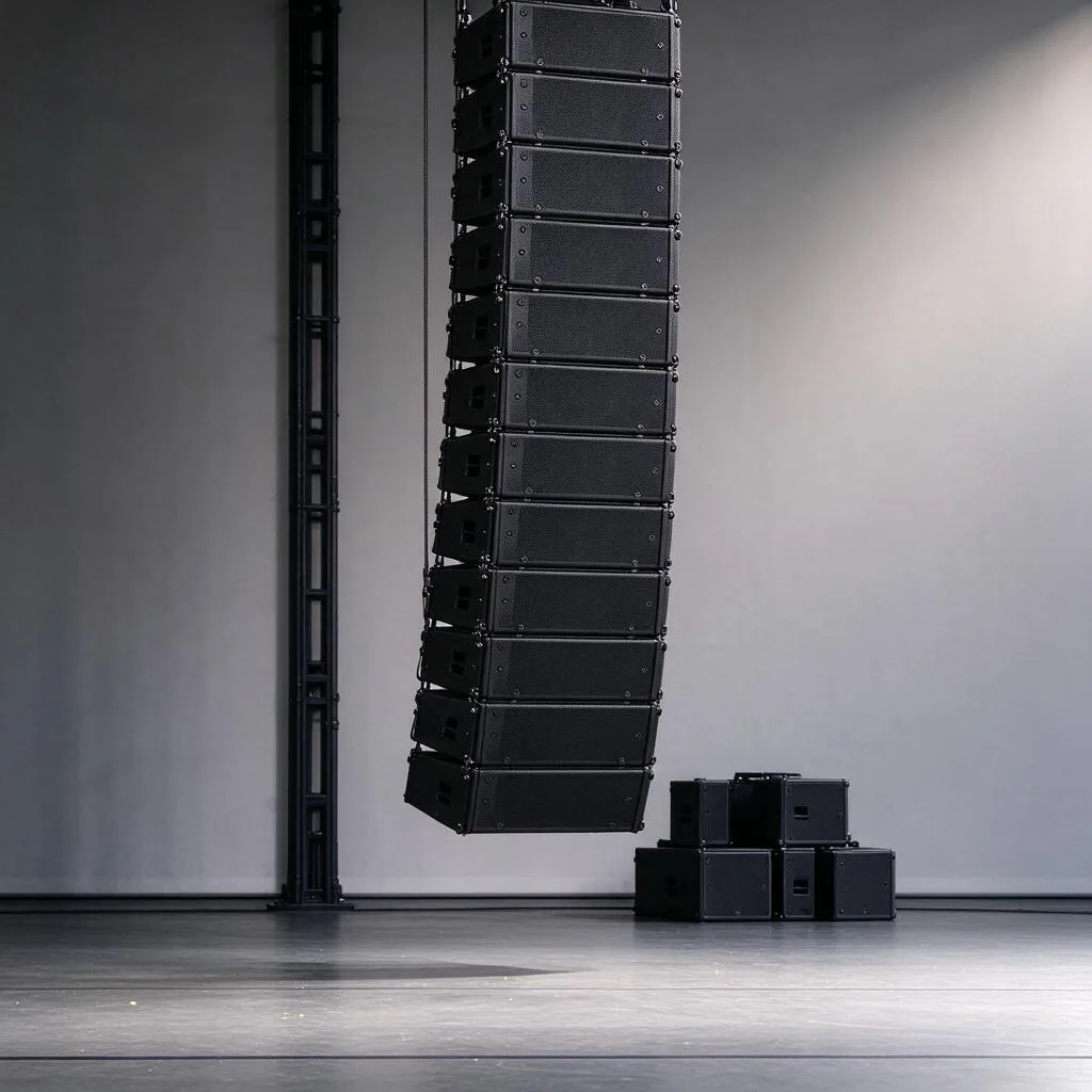 Ilustração de uma coluna vertical de alto-falantes line array genéricos suspensos sobre um palco vazio