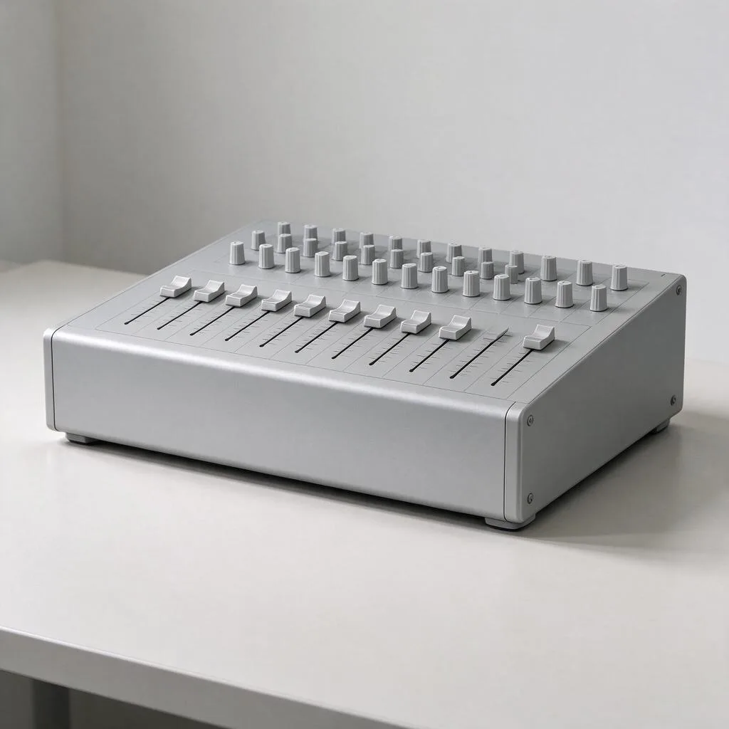 Ilustración de una consola de mezclador de audio con perillas y faders en blanco sobre un escritorio claro