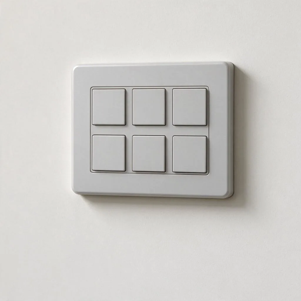 Ilustración de un panel de control sencillo montado en pared con botones en blanco sin marcar sobre una pared clara