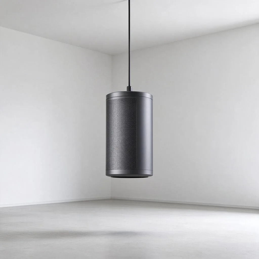 Illustration d'une enceinte suspendue à un plafond par un câble dans une pièce vide et simple