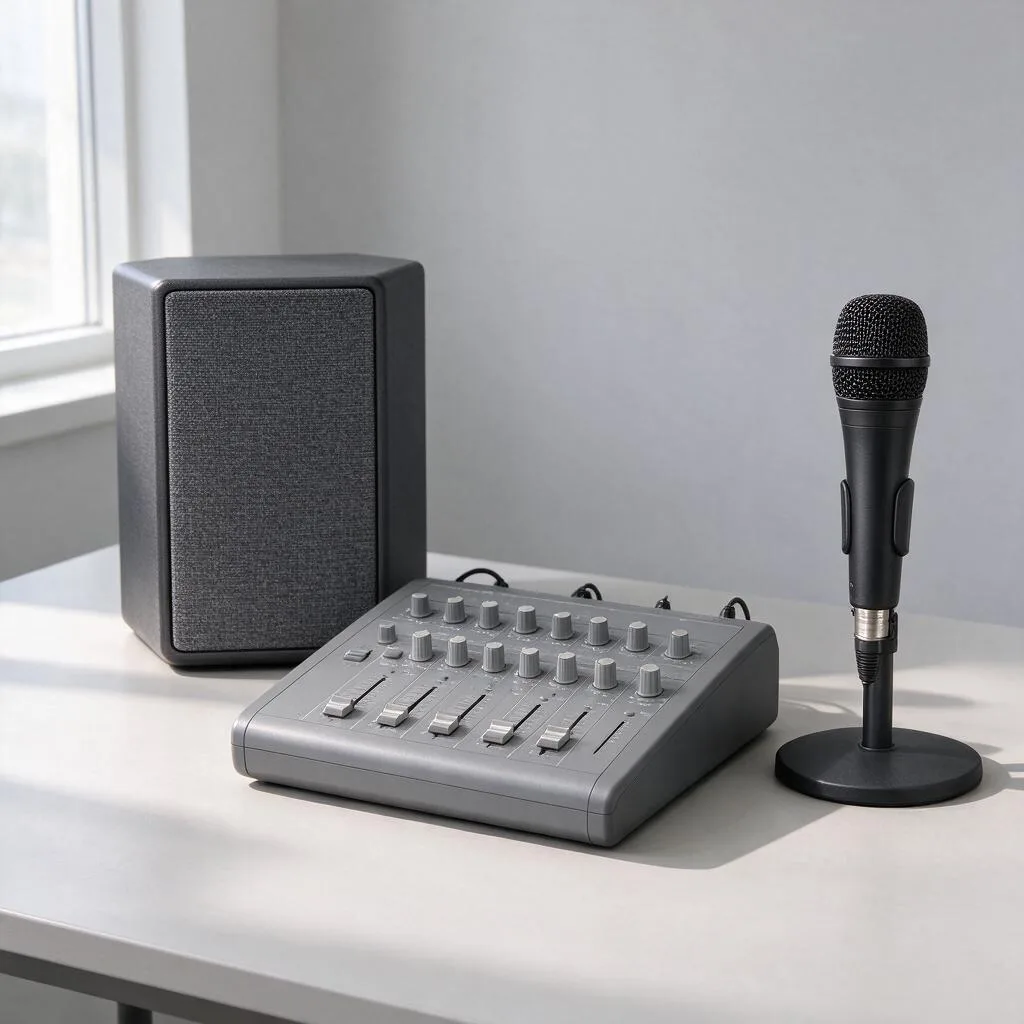 Ilustración genérica de equipo de audio, un altavoz, un mezclador y un micrófono, dispuestos sobre una mesa clara