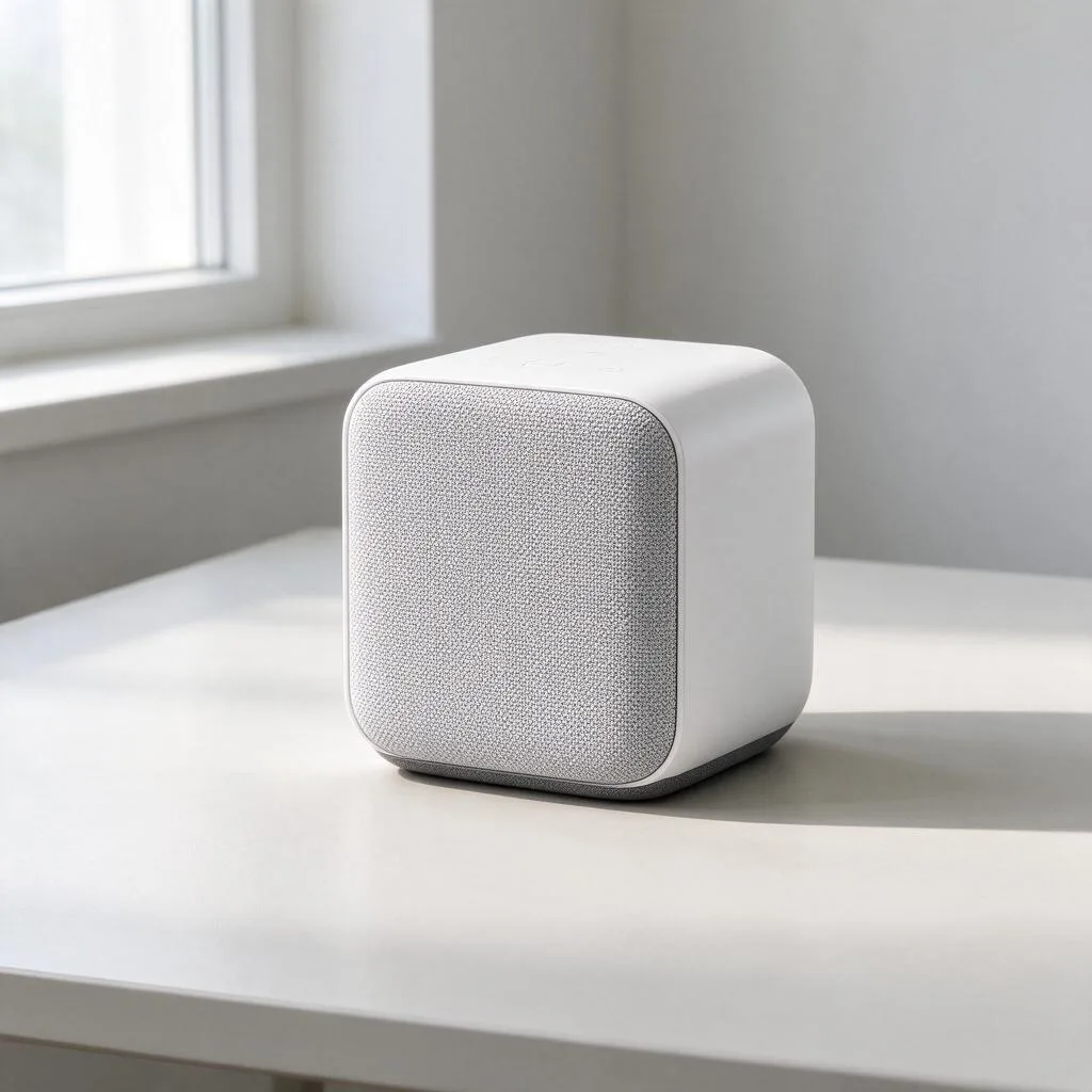 Illustration d'une unité d'enceinte sans fil sur une table claire dans une salle vide